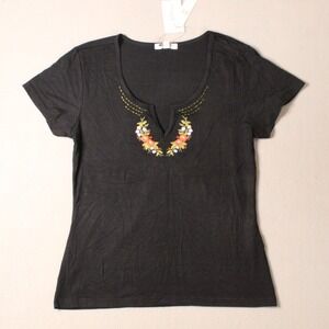 Bogari Womens Black Silk Blend Embroidered Floral Top Size M Boho Short Sleeve